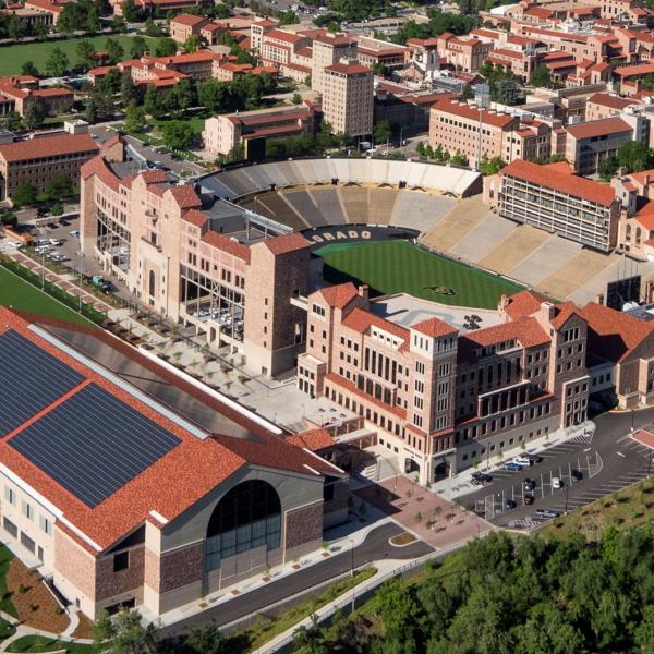 An aerial view of the Champions Center and CU Boulder campus.