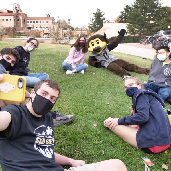 Mascot Chip tours the main campus at the University of Colorado Boulder to rally students before the CU versus UCLA football game. (Photo by Casey A. Cass/University of Colorado)