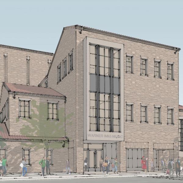 Rendering of CU Boulder Imig Music building with new addition