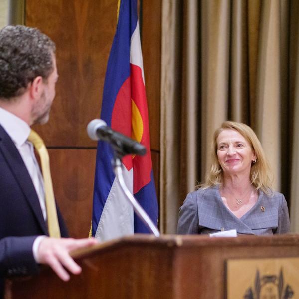 Dean Sharon Matusik receives award from CU President Todd Saliman