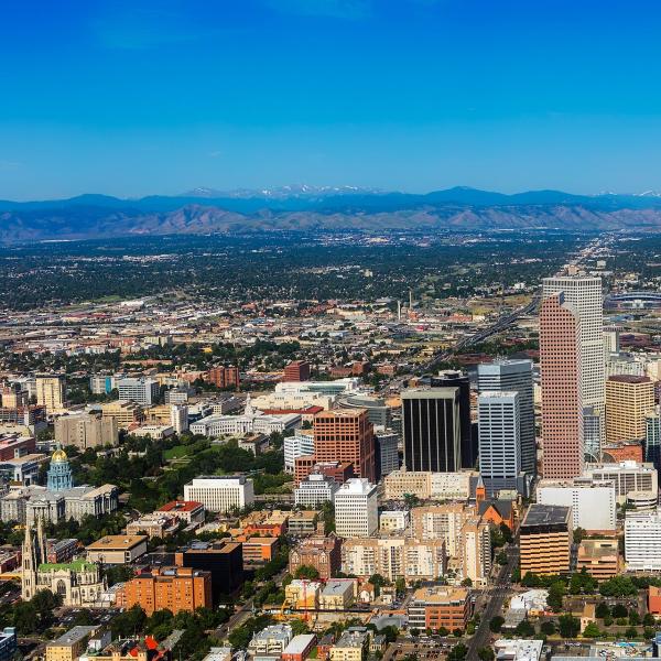 An aerial stock photo of Denver's skyline.