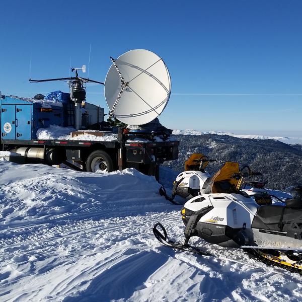 A Doppler radar system sits on the flatbed of a truck.