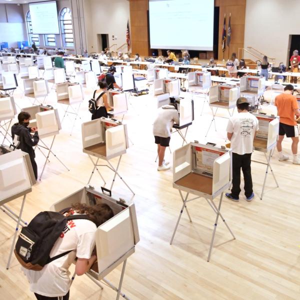 campus community members voting in the 2020 election in the UMC vote center