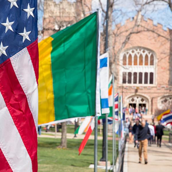 Flags are seen displayed before the annual Conference on World Affairs