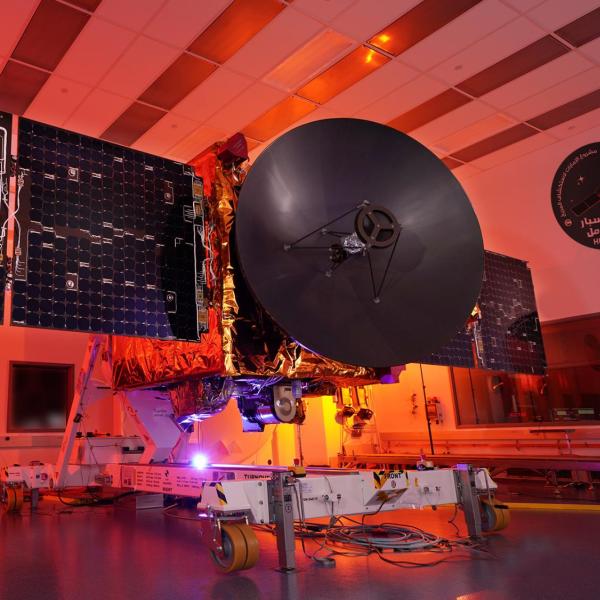 The assembled Hope spacecraft sitting in a clean room.