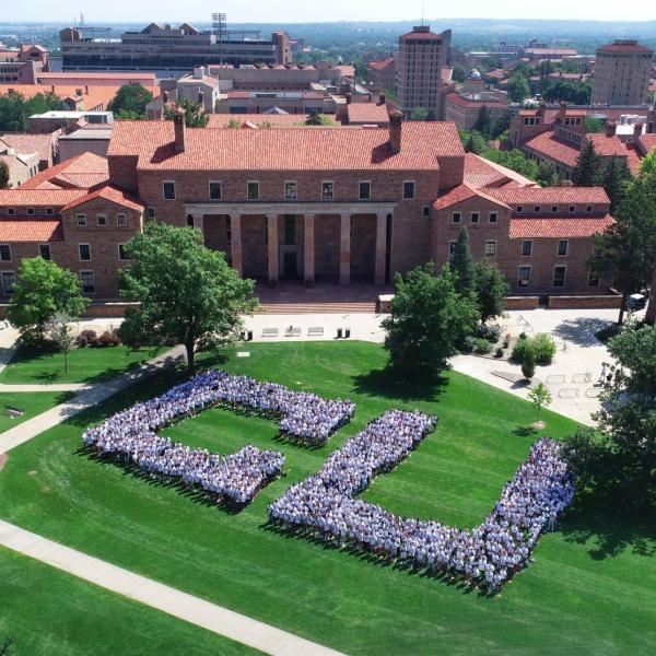 The 2021 incoming first-year class of students at the College of Engineering photographed from a drone