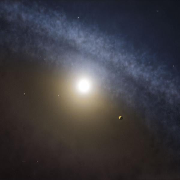 ring of dust around a star with small planet in the foreground