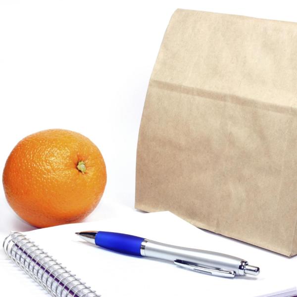 A notebook, pen, brown bag and orange.