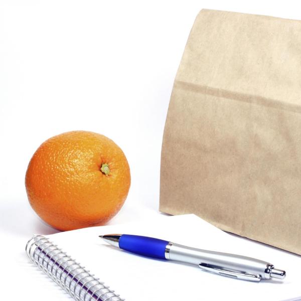 Brown-bag lunch, notebook and pen, and an orange