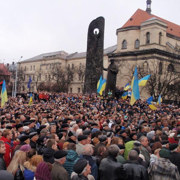Protesters gather in the Ukrainian city of Lviv during the Maidan protests of 2014.