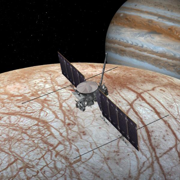 Artist rendering of mission spacecraft above Europa