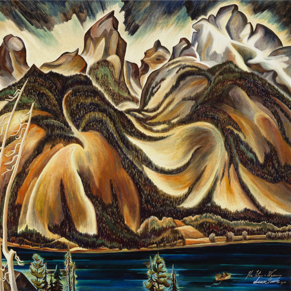 A colorful depiction of the Tetons in different shades of brown front of blue water, by artist Eve Drewelowe.