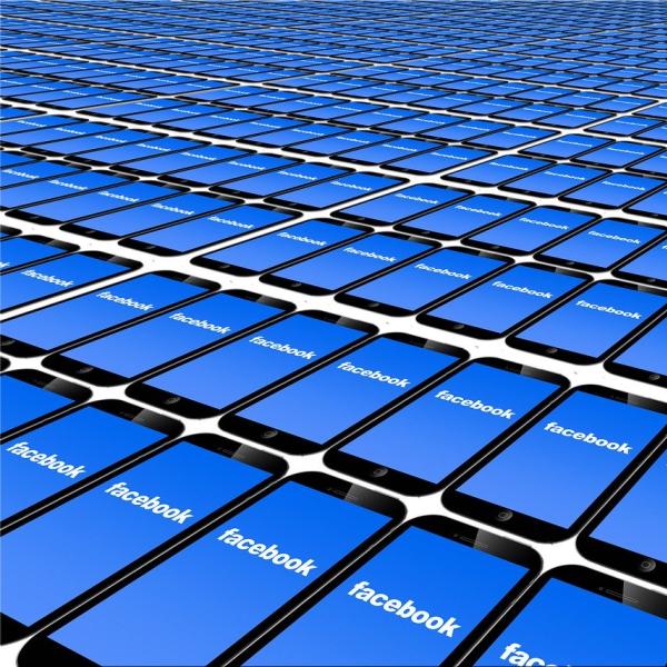 Series of smartphones with screens reading "Facebook."