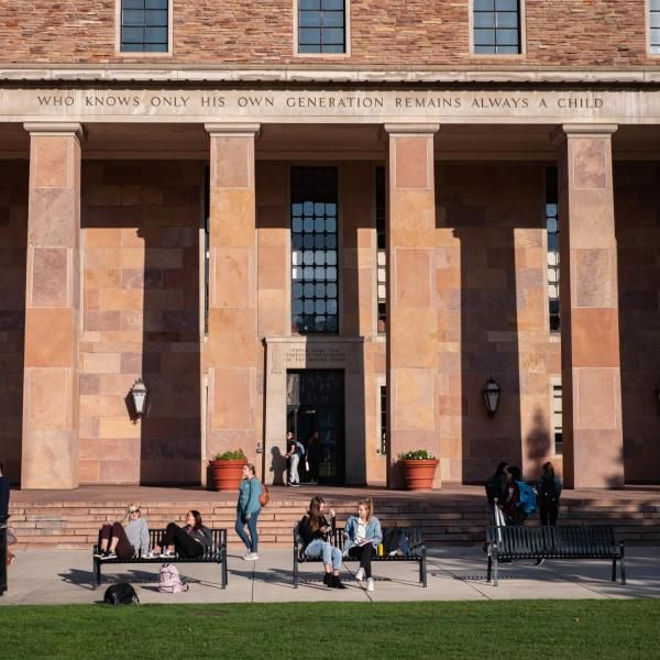 Students gather in front of Norlin Library