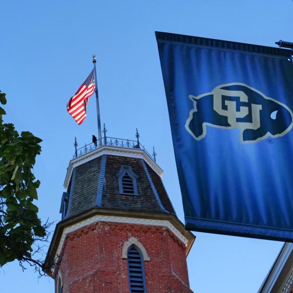 CU Buffs banner next to Old Main
