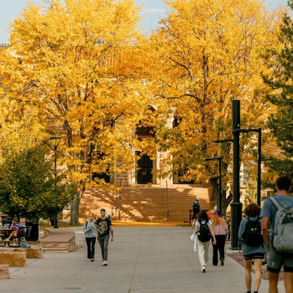 students walking on campus during fall