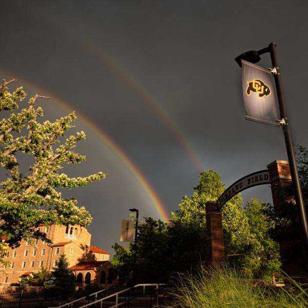 A double rainbow forms over Farrand Hall after a thunderstorm