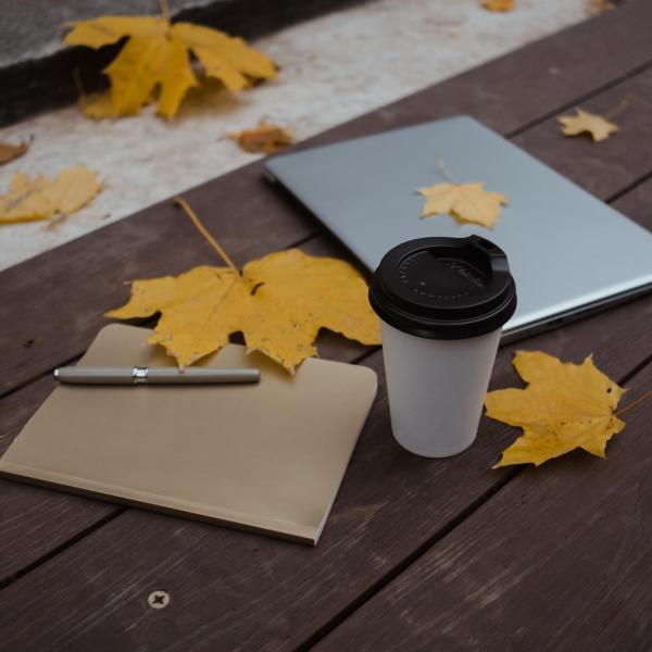 notebook, laptop and a coffee cup on a table with fallen leaves