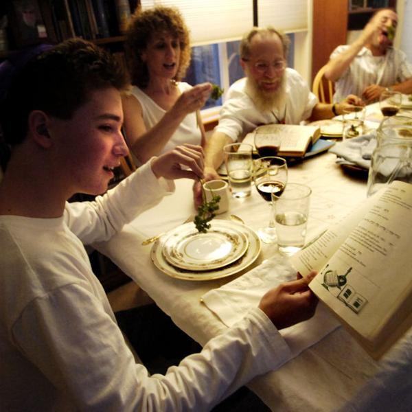 Person reading from the Haggadah while preparing to dip parsley into salt water