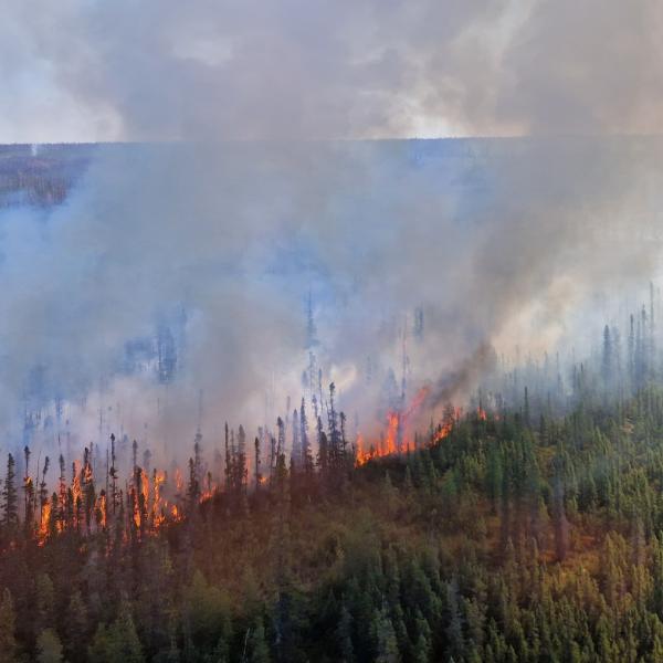 Smoke rising from an active fire in the Northwest Territories