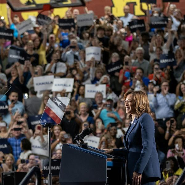 Democratic presidential candidate Kamala Harris speaks to supporters during a campaign rally in West Allis, Wisconsin