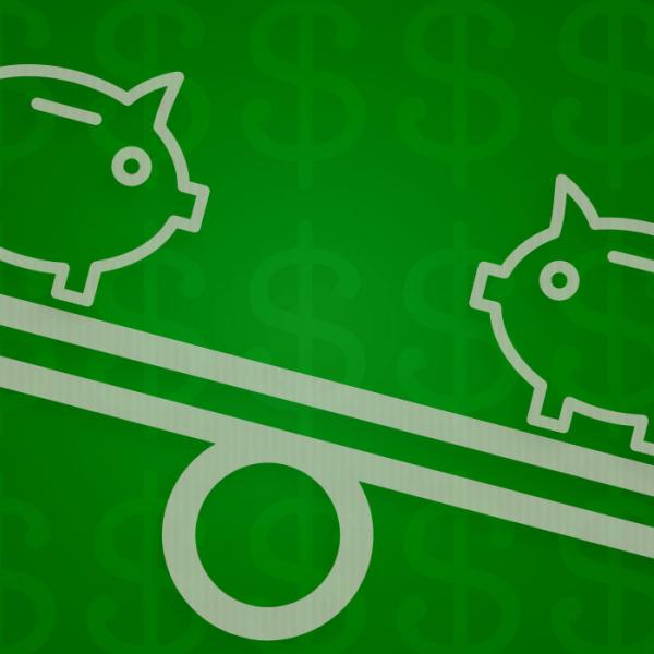 Two piggy banks on an unbalanced scale