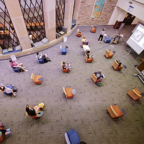A socially distancing class takes place in Norlin Library during the first week of classes in the midst of the COVID-19 pandemic at the University of Colorado Boulder. (Photo by Casey A. Cass/University of Colorado)