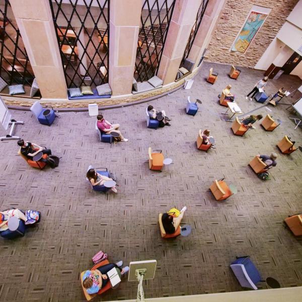 students participate in socially distanced class in Norlin Library