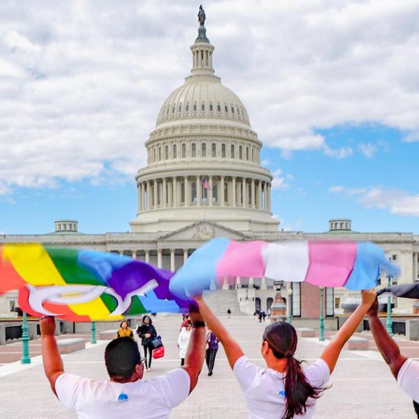 People wave LGBTQ+ flags in front of the U.S. Capitol Building