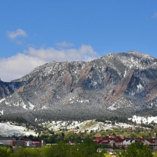 The flatirons with CU Boulder campus in foreground