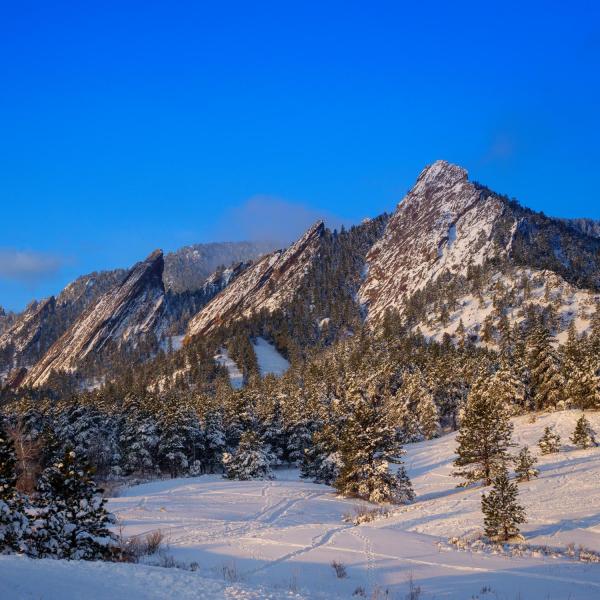 The Boulder Flatirons in winter