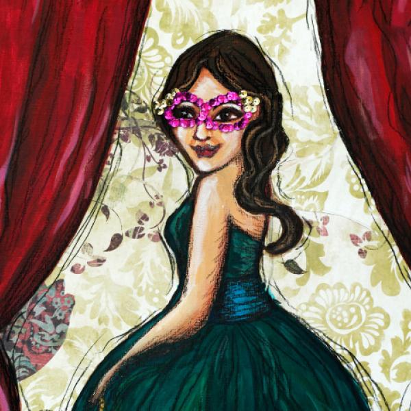 Painting of a woman in a green dress with a sequined mask
