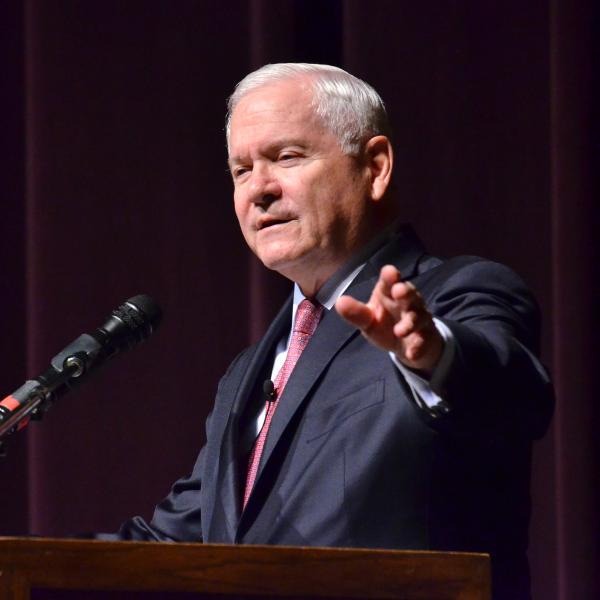 Robert Gates speaks at CU Boulder in Macky Auditorium