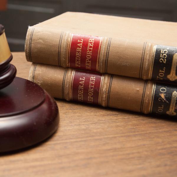 A judge's gavel sits next to stack of law books