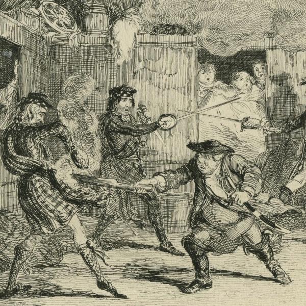 Engraving by George Cruikshank of a scene from Rob Roy. (Walter Scott Image Collection, Edinburgh University; CC BY 2.0.)