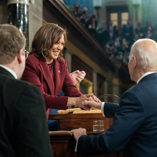 President Joe Biden greets Vice President Kamala Harris as he arrives to deliver his State of the Union address, Tuesday, February 7, 2023, on the House floor of the U.S. Capitol in Washington, D.C.