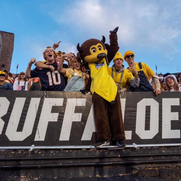 Chip the buffalo mascot stands on the sideline cheering with fans