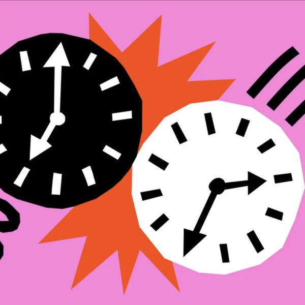 A digital graphic design of two clocks with a bright pink background.