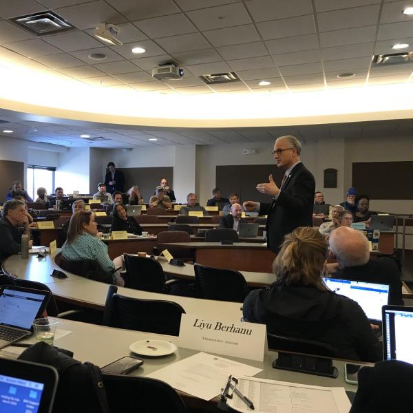 CU President Mark Kennedy, right, speaks to Boulder Faculty Assembly