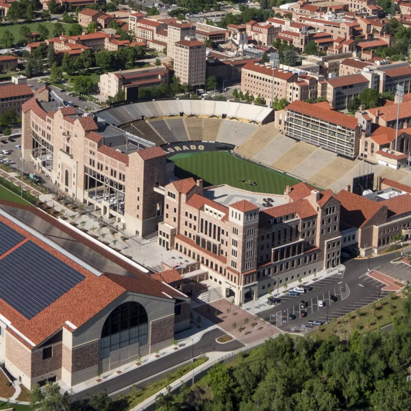 an aerial view of CU Boulder's Folsom Stadium, the Champions Center and Indoor Practice Facilities