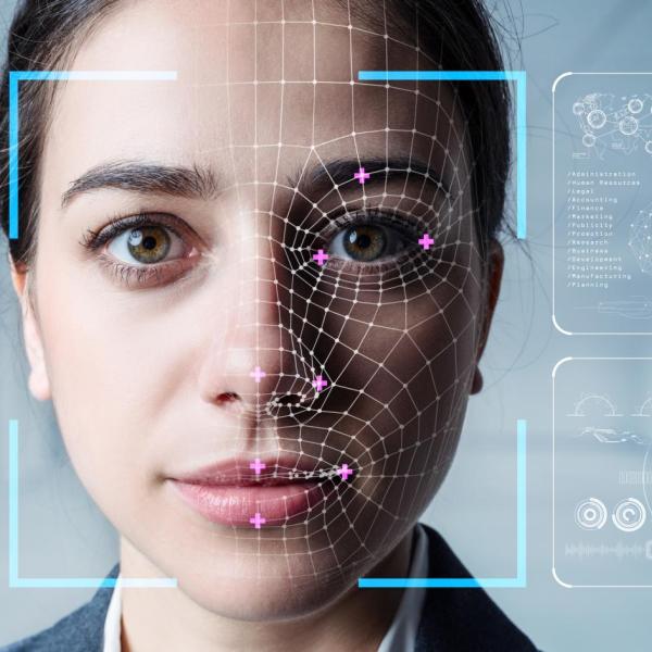 A woman's face, analyzed by facial recognition software