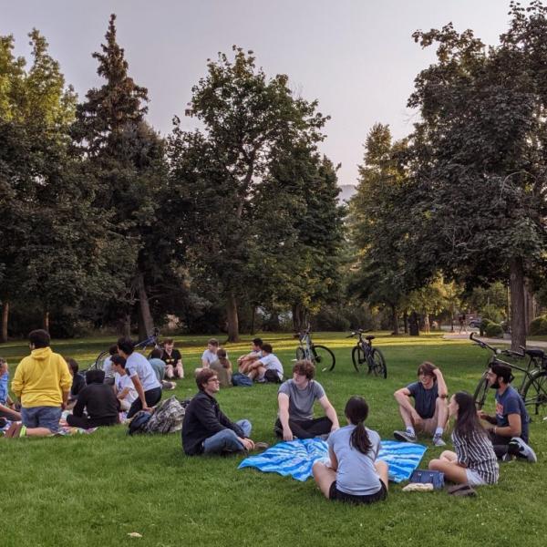 Students gathered in person outside