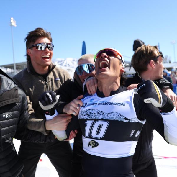 CU ski team members celebrating the win