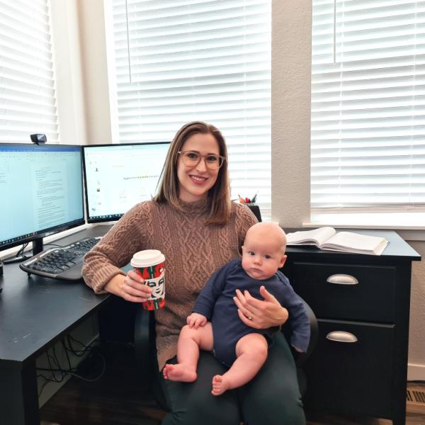 Kate Lanter and her son in her home office