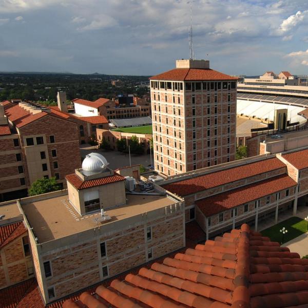 An image of the CU Boulder campus overlooking buildings housing several science departments