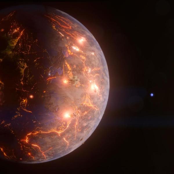 Artist's depiction of a planet covered in volcanoes