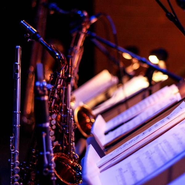Stock image of jazz instruments and music stands