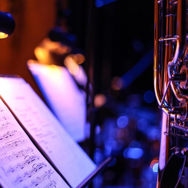 Sheet music and a trumpet