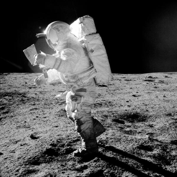 Dust sticks to the boots of Apollo 14 astronaut Edgar Mitchell in 1971.