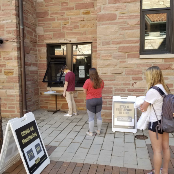 Students lined up for a COVID-19 test